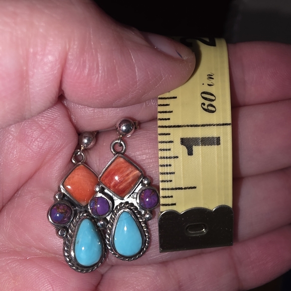 Navajo Native American Southwestern Sterling Silver Turquoise Cluster Earrings - Picture 7 of 13
